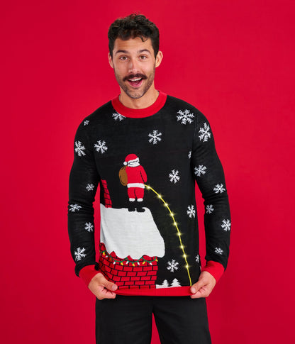 Mens Black Christmas Sweater with Cheeky Santa Graphic and Glowing Light Up Stream
