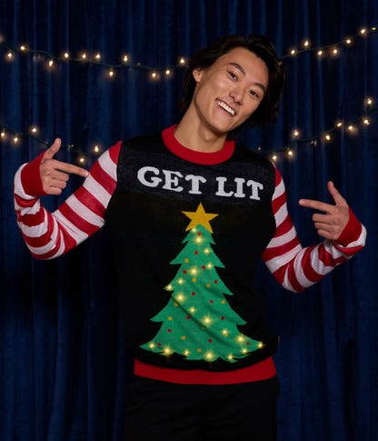 Mens Get Lit Christmas Tree Sweater with LED Lights, Candy Cane Sleeves, and Battery Pack