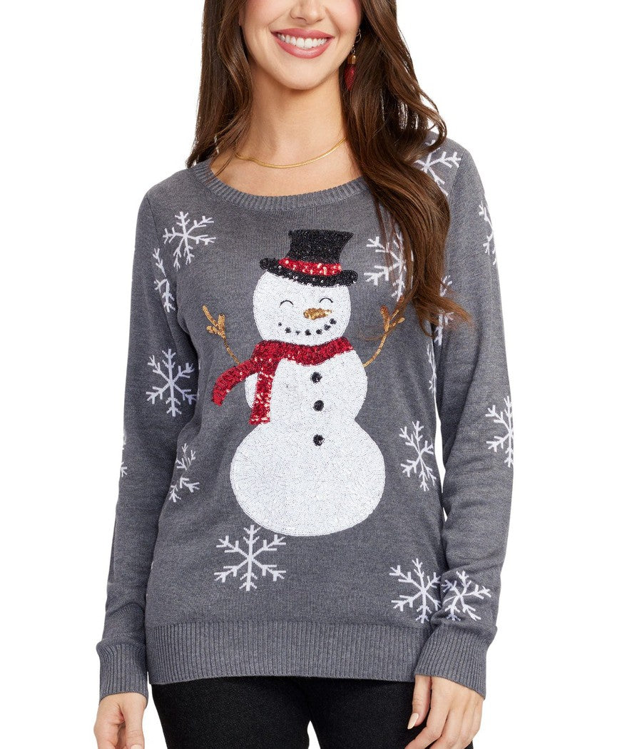 Womens Gray Snowman Sweater with Sparkling Sequin Snowflakes on the Sleeves
