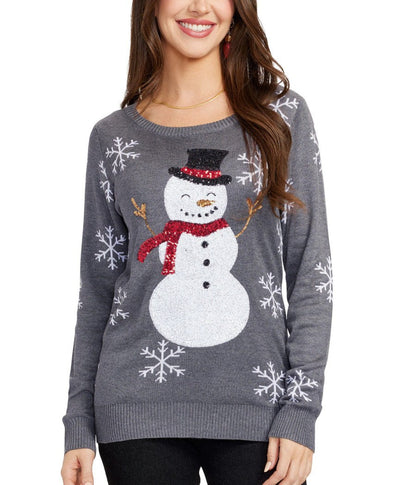 Womens Gray Snowman Sweater with Sparkling Sequin Snowflakes on the Sleeves