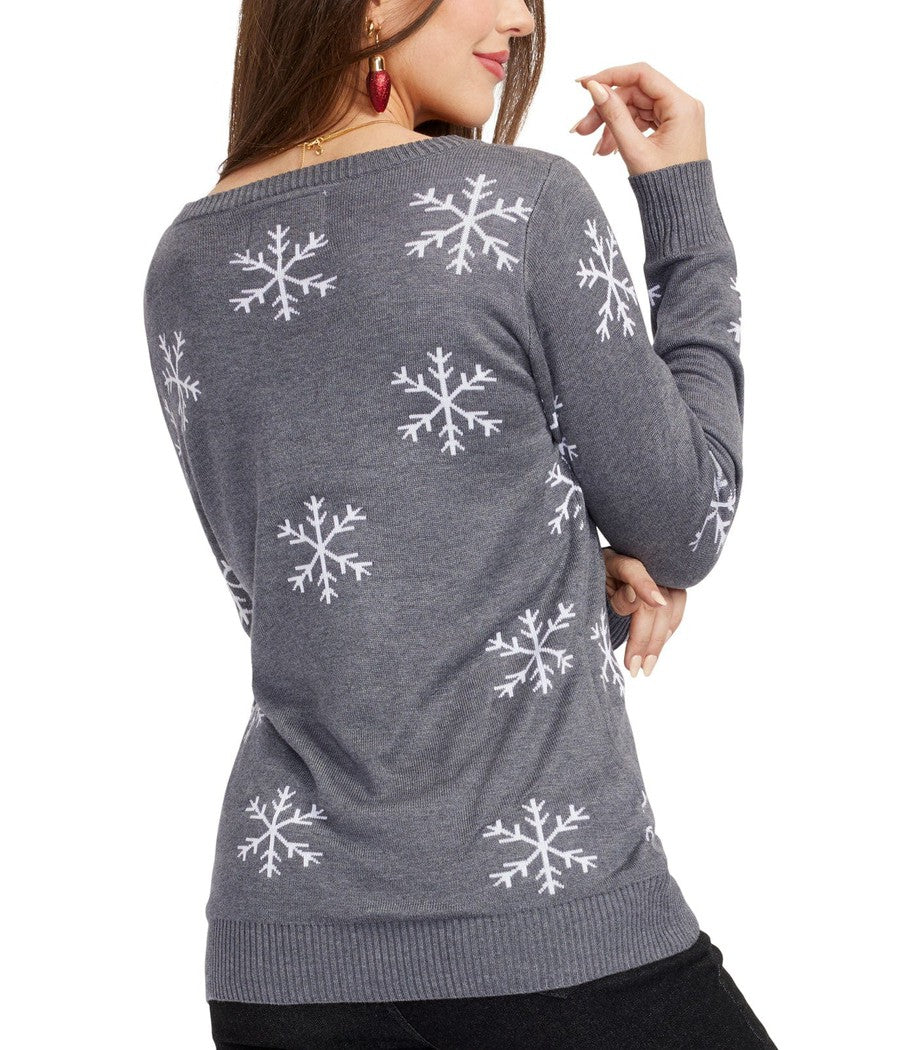 Womens Gray Snowman Sweater with Sparkling Sequin Snowflakes on the Sleeves