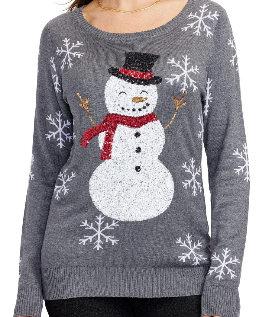 Womens Gray Snowman Sweater with Sparkling Sequin Snowflakes on the Sleeves