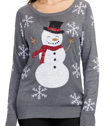 Womens Gray Snowman Sweater with Sparkling Sequin Snowflakes on the Sleeves