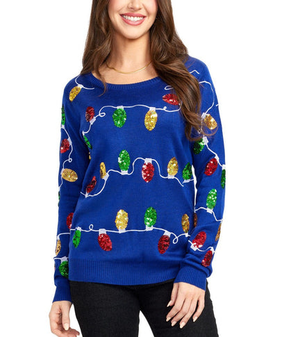 Womens Blue Holiday Sweater Covered in Bright Christmas Lights and Trees