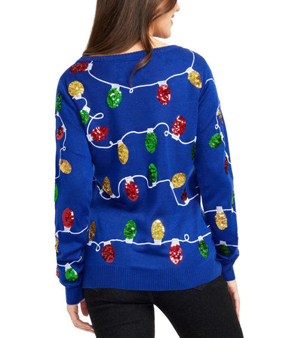 Womens Blue Holiday Sweater Covered in Bright Christmas Lights and Trees