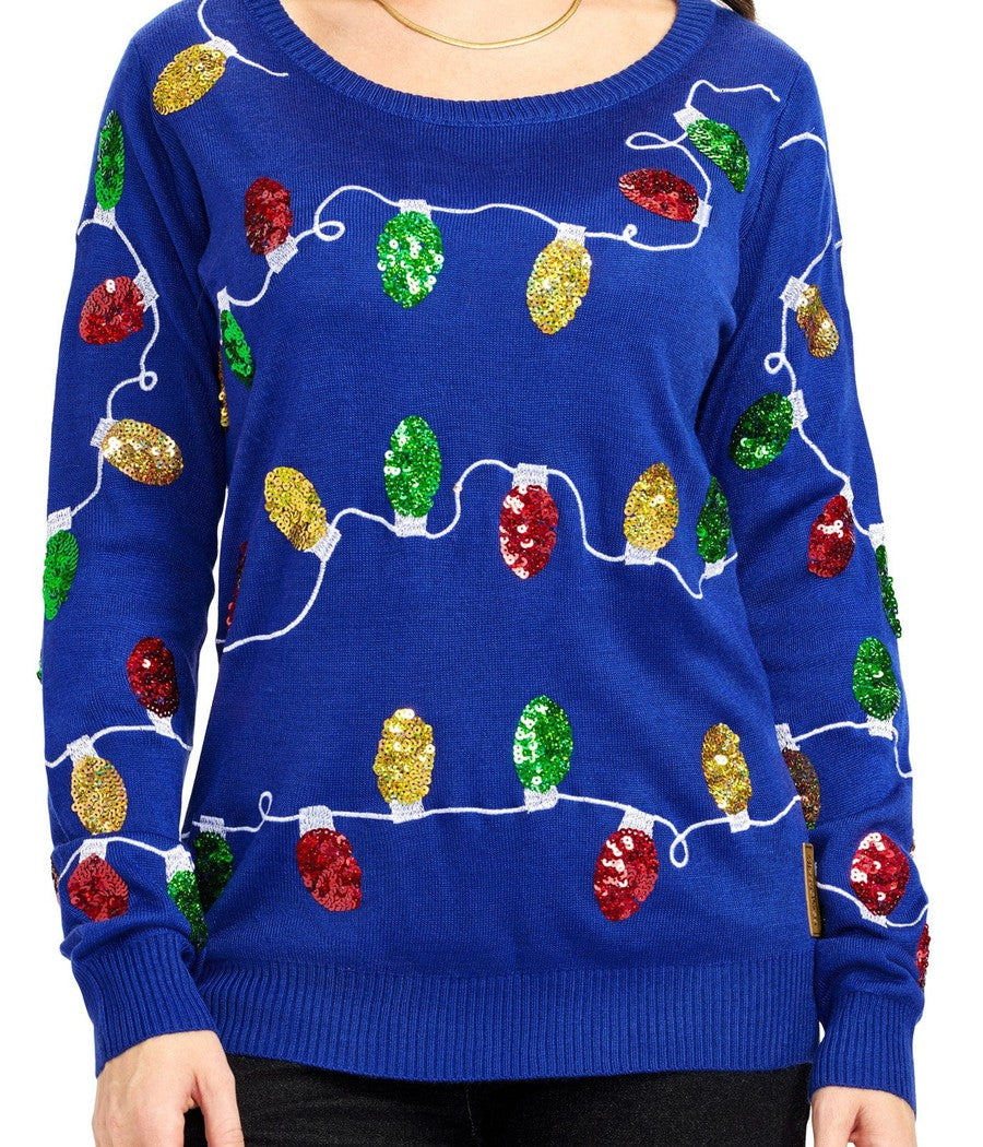 Womens Blue Holiday Sweater Covered in Bright Christmas Lights and Trees