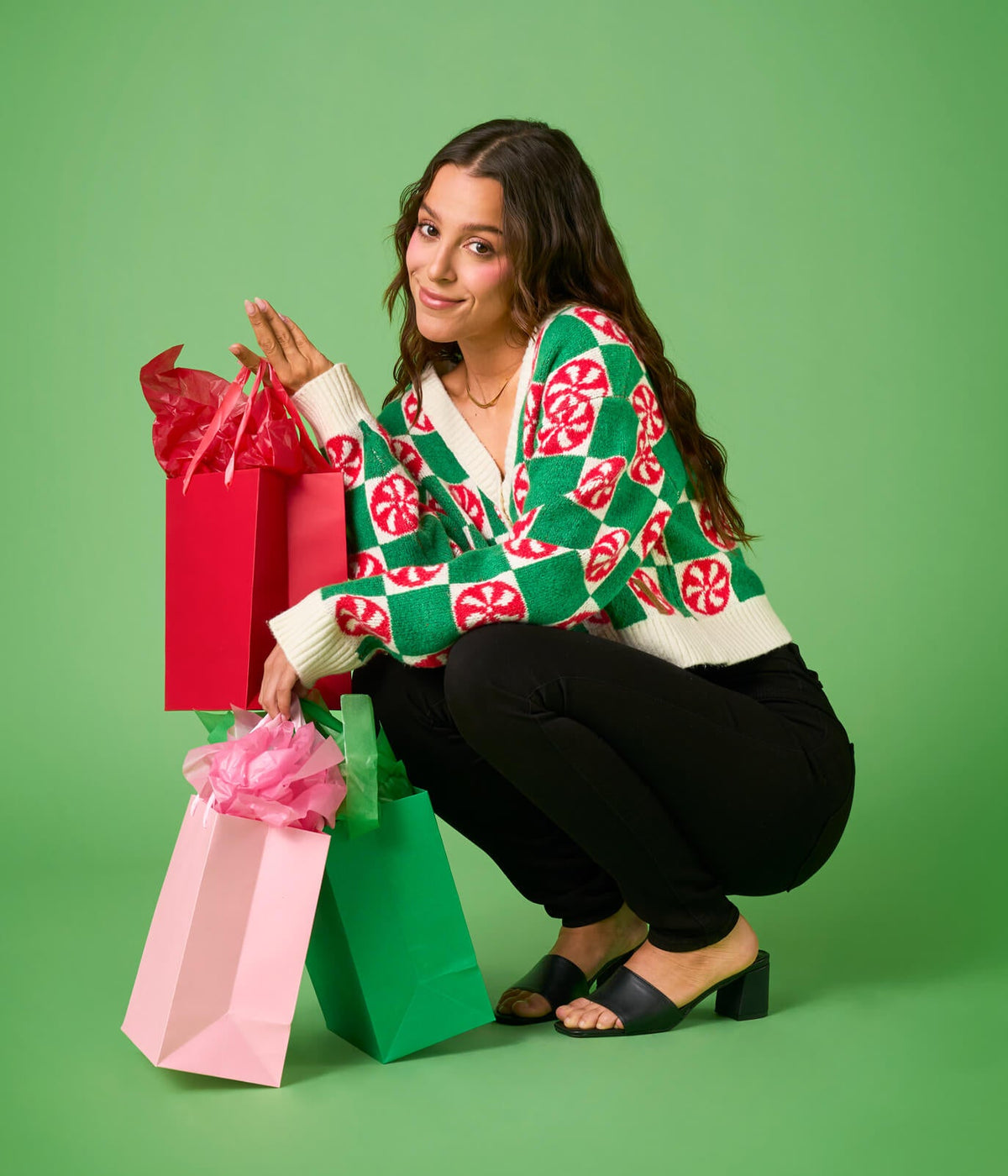 Womens Cropped Checker Knit Cardigan in Mint Green with Retro Holiday Charm