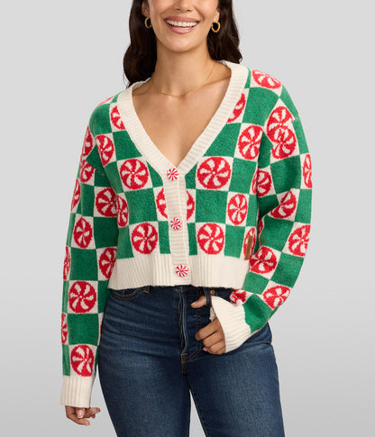 Womens Cropped Checker Knit Cardigan in Mint Green with Retro Holiday Charm