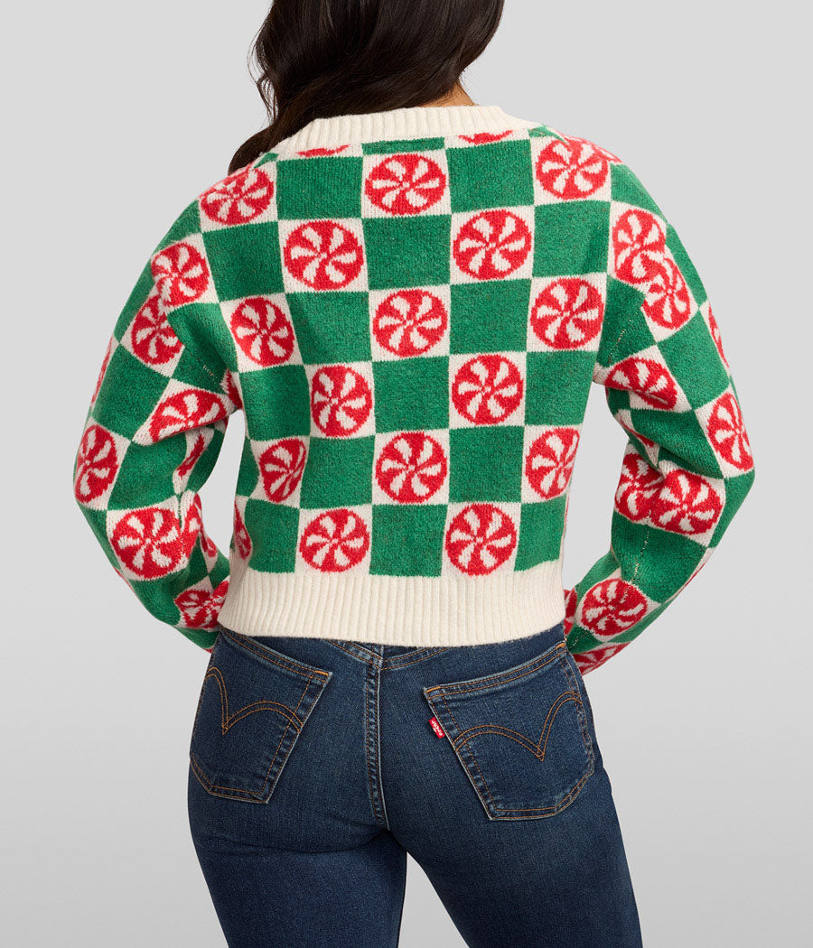Womens Cropped Checker Knit Cardigan in Mint Green with Retro Holiday Charm