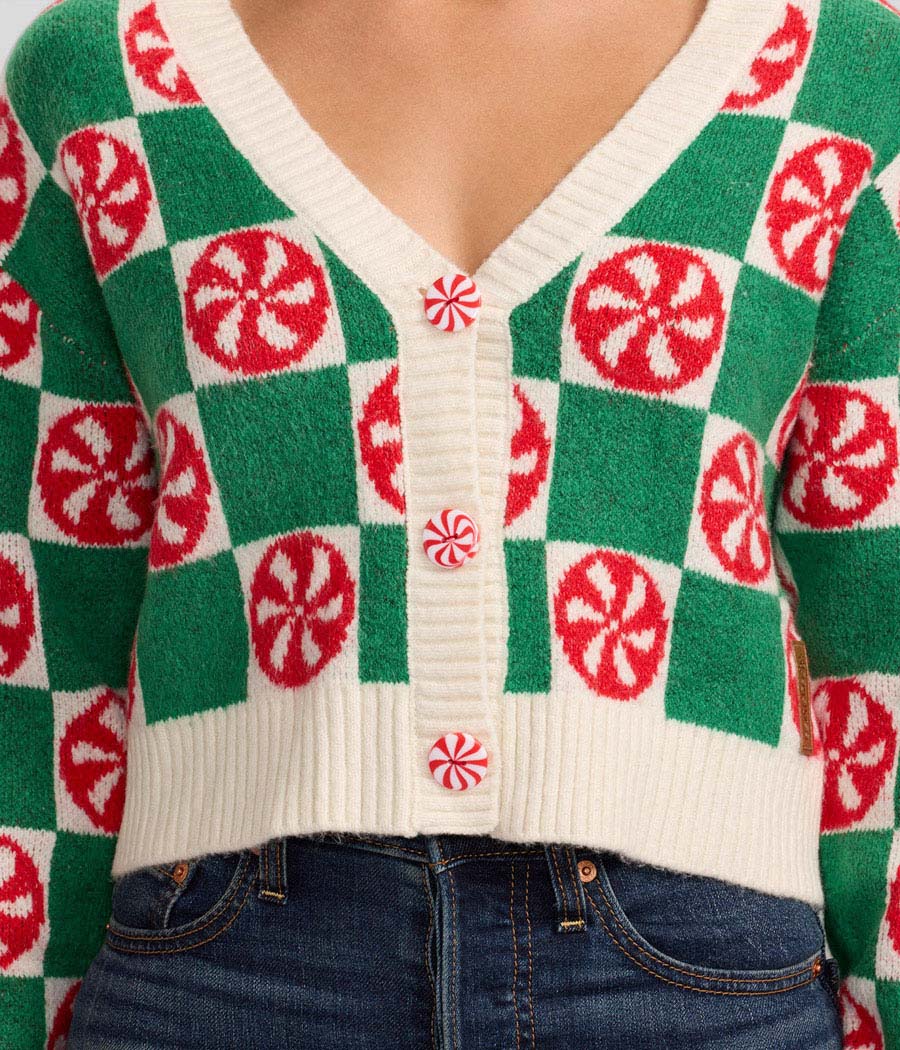 Womens Cropped Checker Knit Cardigan in Mint Green with Retro Holiday Charm