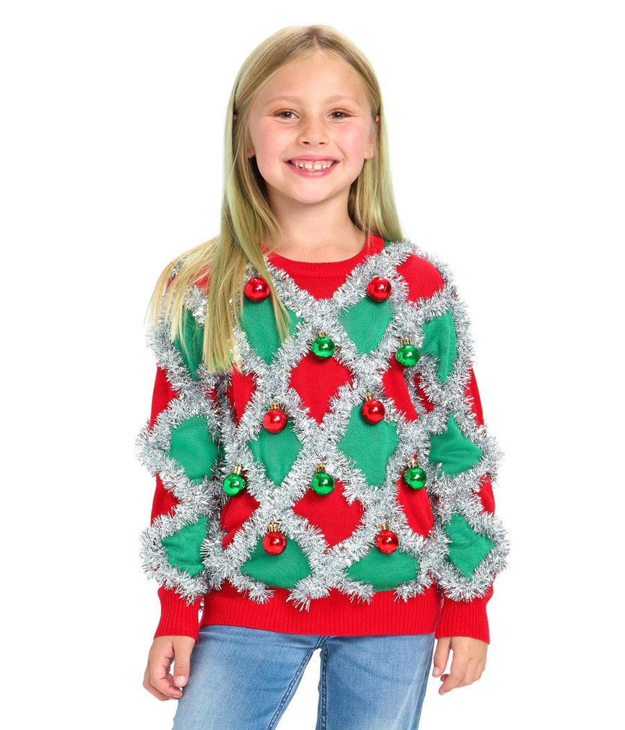 Girls Tinsel Trim Christmas Sweater in Red and Green for Holiday Parties