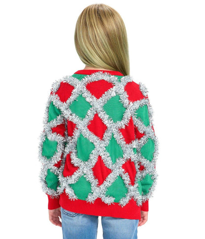 Girls Tinsel Trim Christmas Sweater in Red and Green for Holiday Parties