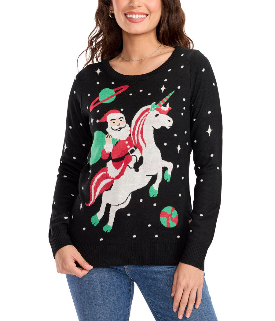 Womens Festive Black Sweater with a Playful Santa and Unicorn Graphic