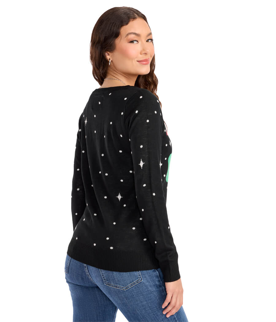 Womens Festive Black Sweater with a Playful Santa and Unicorn Graphic