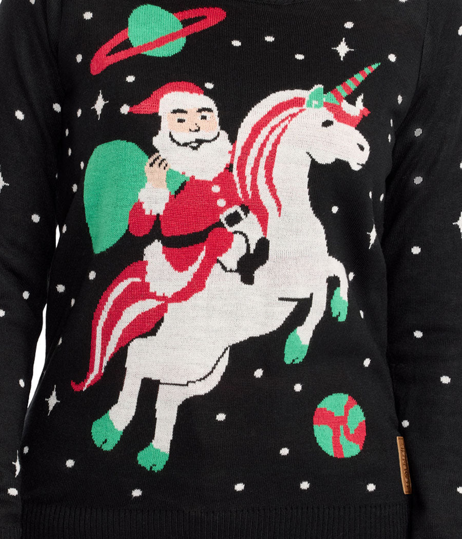 Womens Festive Black Sweater with a Playful Santa and Unicorn Graphic