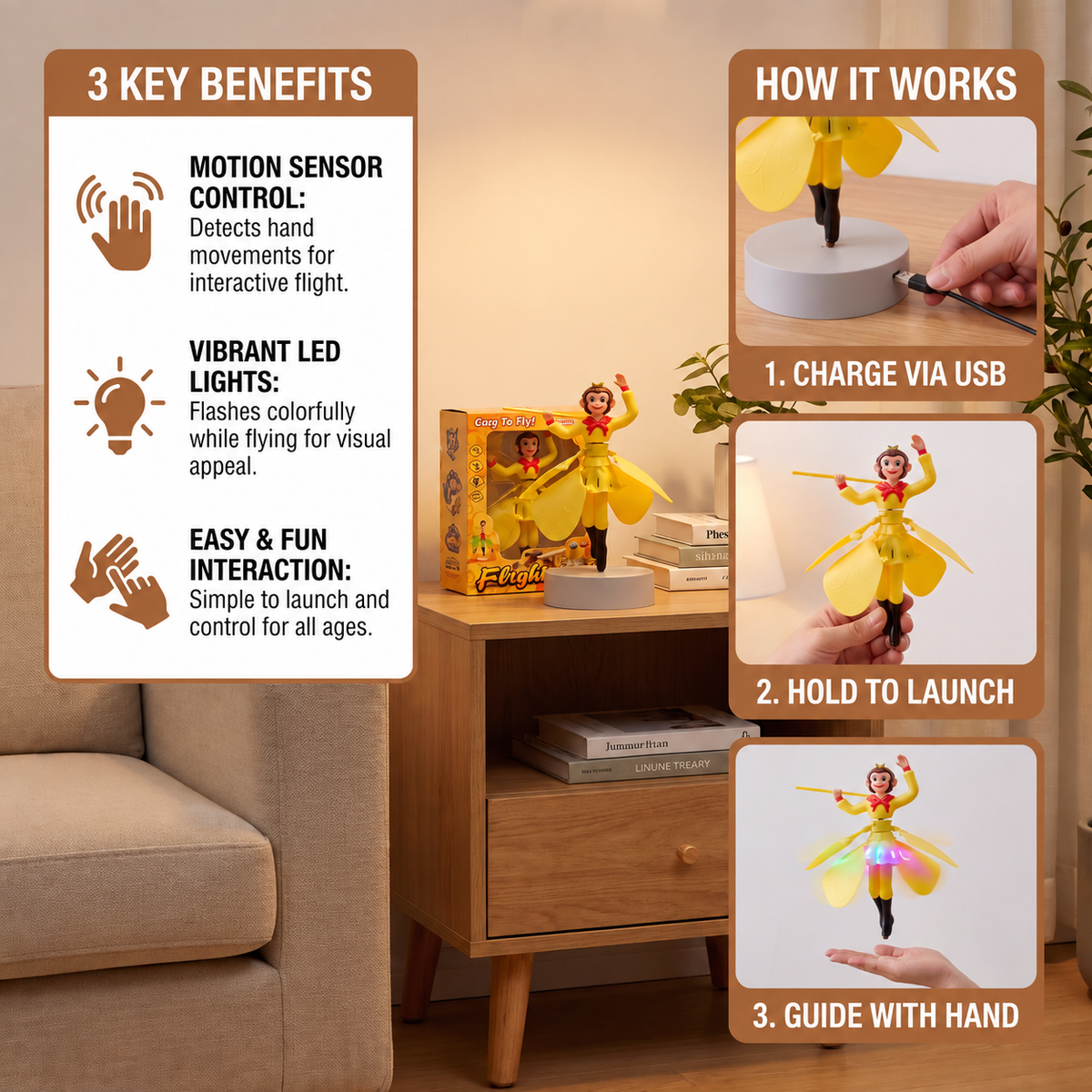Flying Monkey Toy with Motion Sensor and Colorful LED Lights for Kids