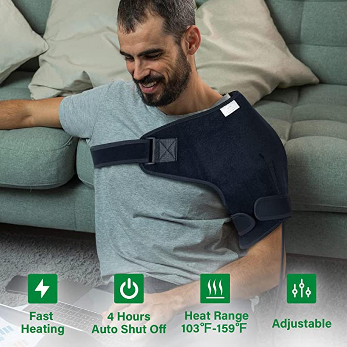 Man wearing UTK Technology adjustable shoulder heating pad with fast heating and auto shut off features
