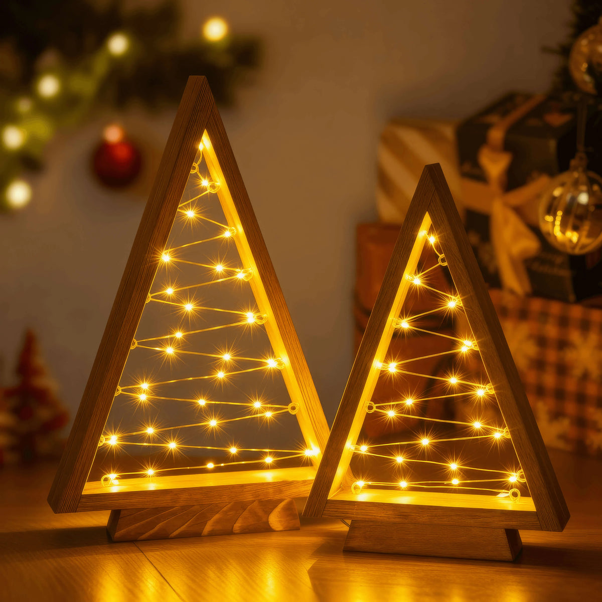 Pair of Lit Wooden Finish Triangle Trees at 14 and 10 Inches with Golden Fairy Lights for Indoor Shelves