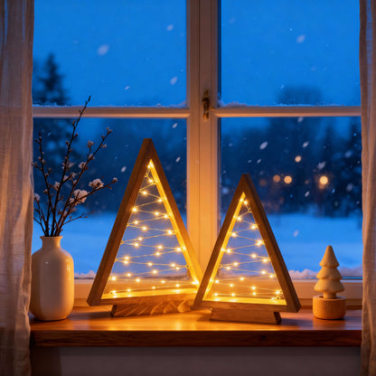 Pair of Lit Wooden Finish Triangle Trees at 14 and 10 Inches with Golden Fairy Lights for Indoor Shelves