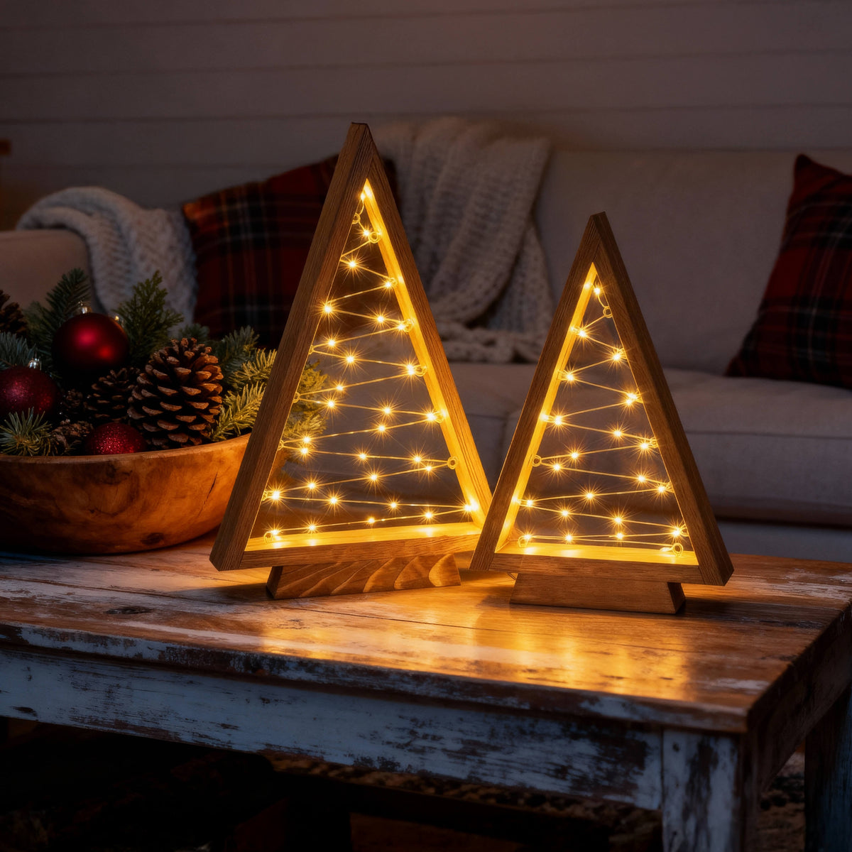 Pair of Lit Wooden Finish Triangle Trees at 14 and 10 Inches with Golden Fairy Lights for Indoor Shelves