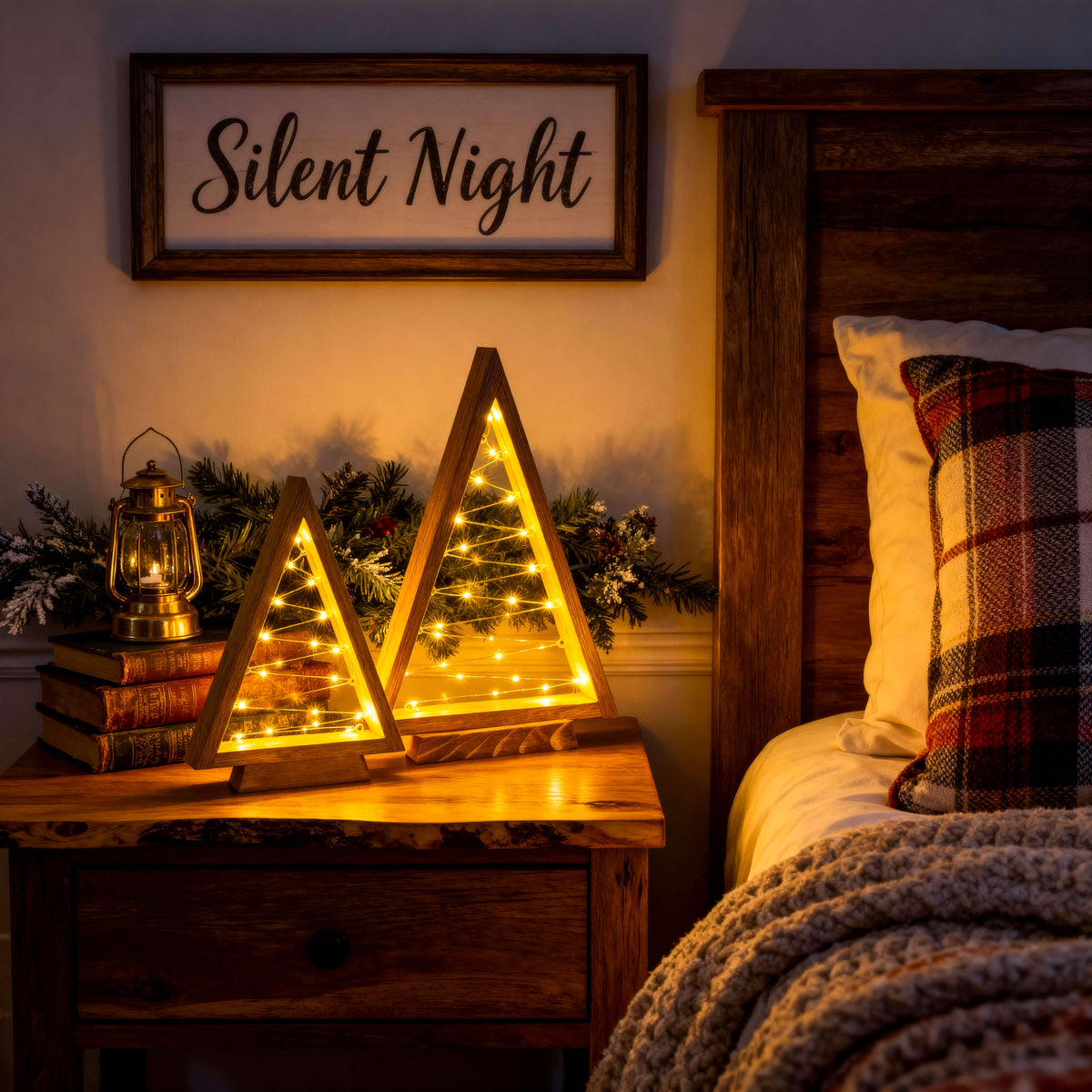 Pair of Lit Wooden Finish Triangle Trees at 14 and 10 Inches with Golden Fairy Lights for Indoor Shelves
