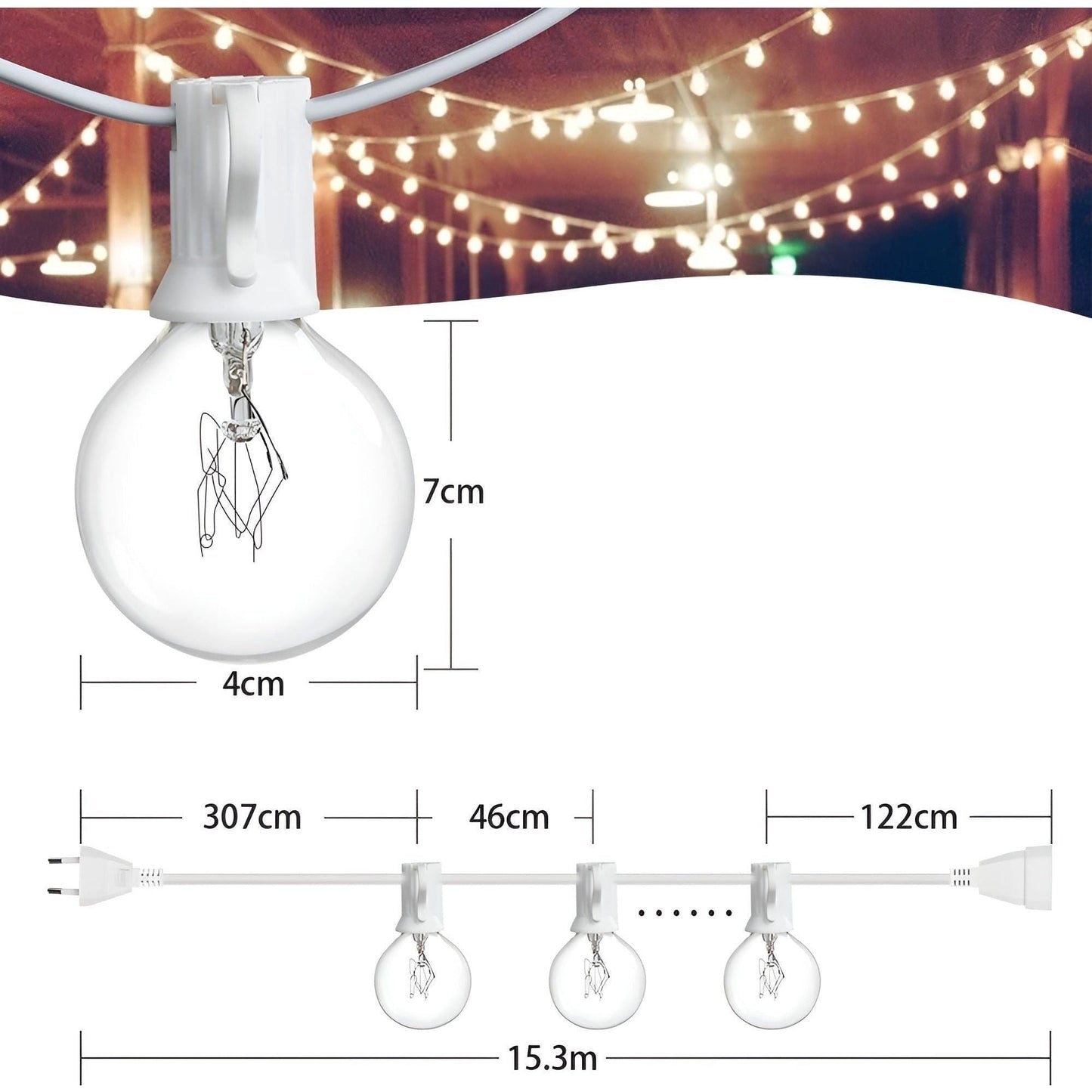 Warm White LED String Lights with Shatterproof Plastic Housing and Extendable Cord, 15m or 30m