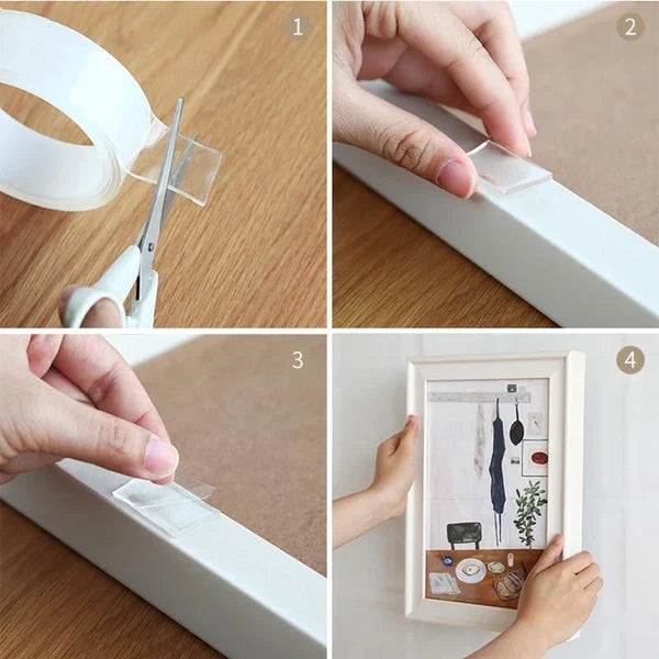 Double Sided Nano Adhesive Tape with Transparent Gel and Reusable Grip for Wall Mounting