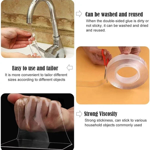 Double Sided Nano Adhesive Tape with Transparent Gel and Reusable Grip for Wall Mounting