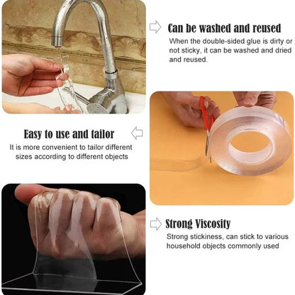 Double Sided Nano Adhesive Tape with Transparent Gel and Reusable Grip for Wall Mounting