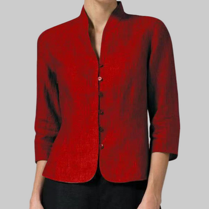 Women's Button Front Blouse with Stand Collar and Three Quarter Sleeves, Chambray Woven