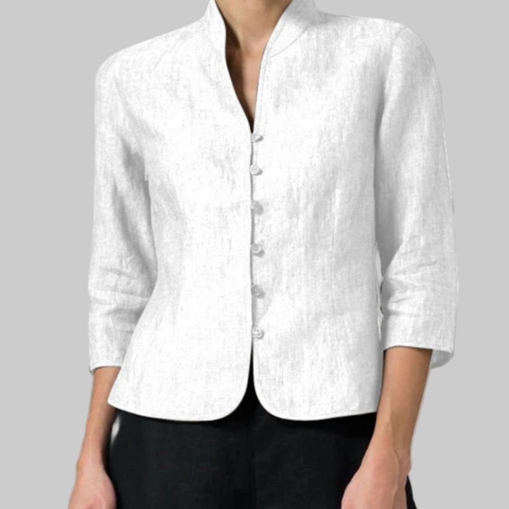 Women's Button Front Blouse with Stand Collar and Three Quarter Sleeves, Chambray Woven