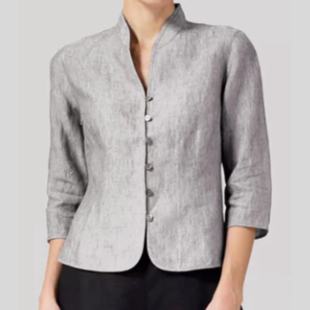 Women's Button Front Blouse with Stand Collar and Three Quarter Sleeves, Chambray Woven