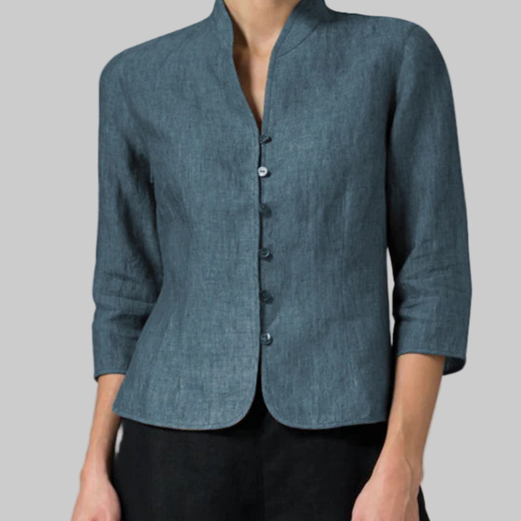 Women's Button Front Blouse with Stand Collar and Three Quarter Sleeves, Chambray Woven