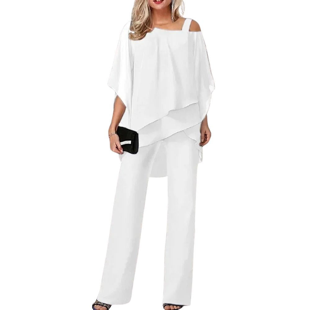 Womens Chiffon Pantsuit with Batwing Sleeves and Relaxed Fit, Machine Washable