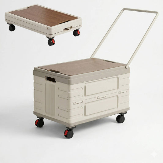 Portable Collapsible Outdoor Storage Box for Camping, Picnic & Garden, Foldable Rolling Cart with 360° Wheels & Wood Lid