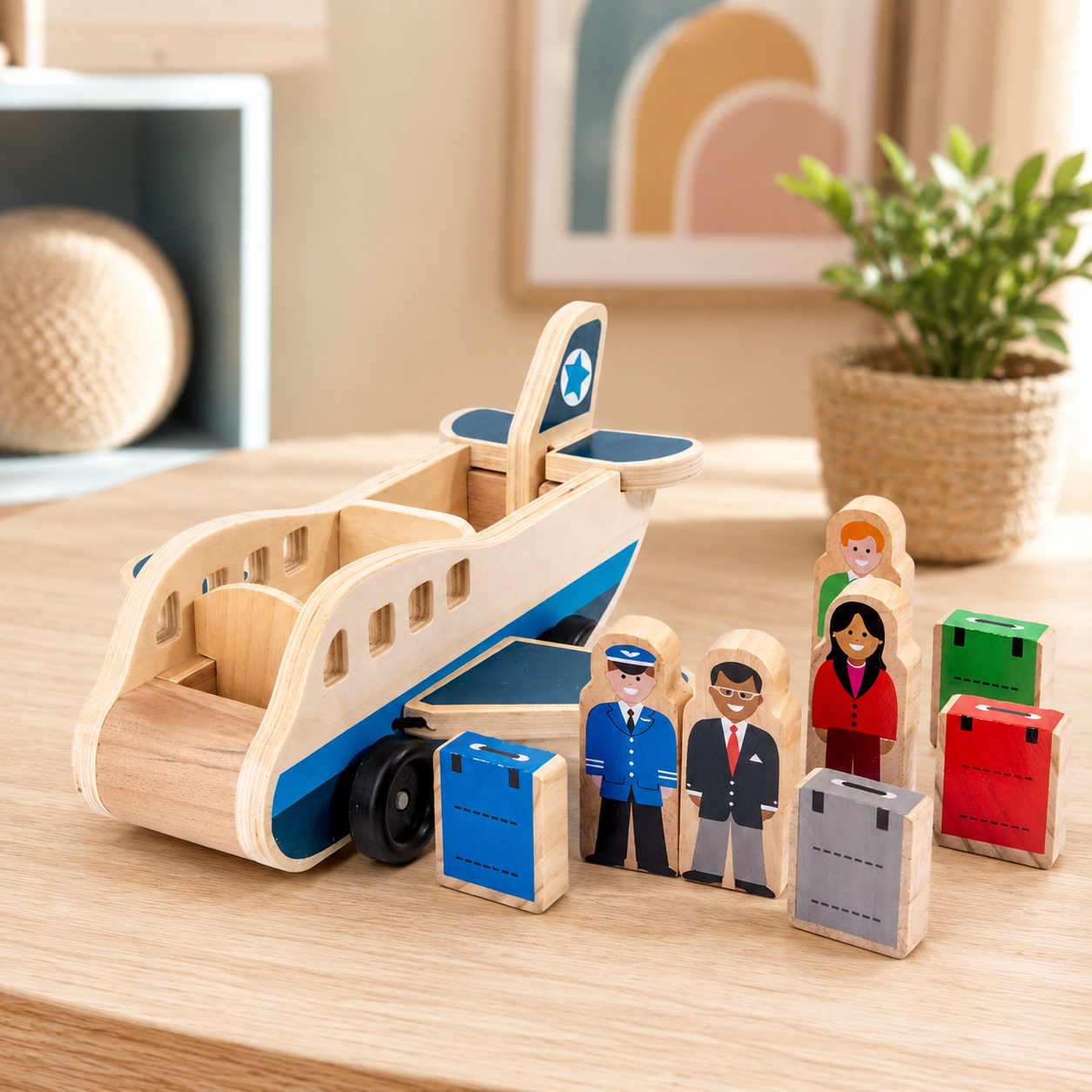 Wooden Push Pull Airplane with Removable Figures and Rolling Wheels