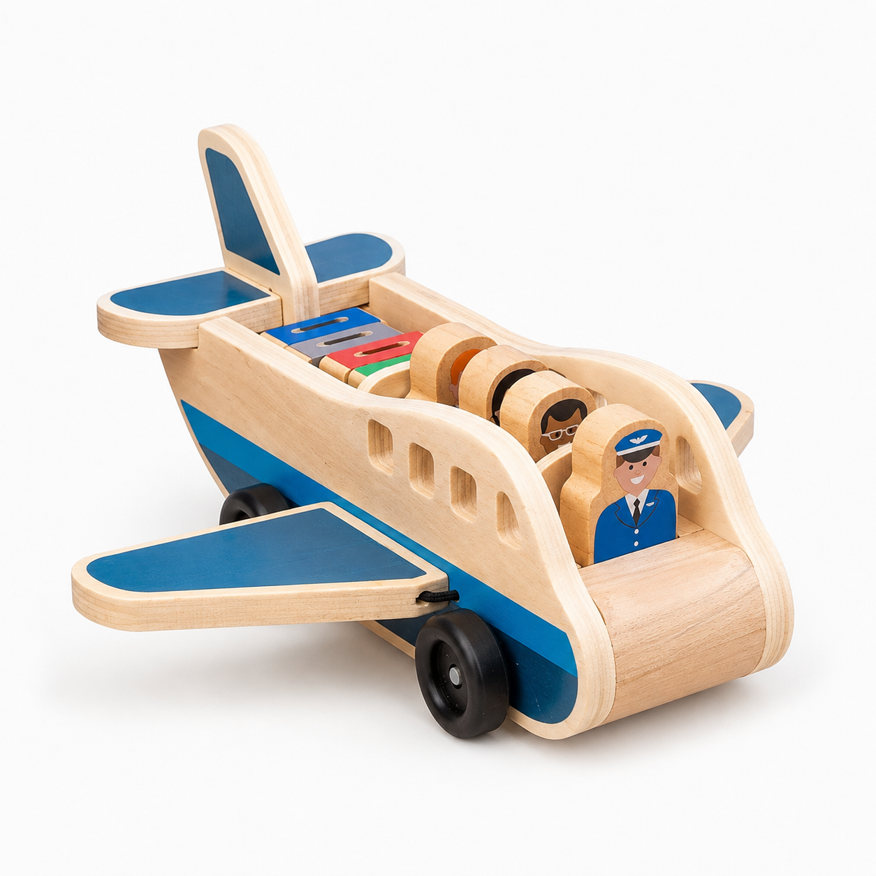 Wooden Push Pull Airplane with Removable Figures and Rolling Wheels