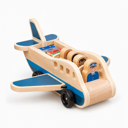 Wooden Push Pull Airplane with Removable Figures and Rolling Wheels