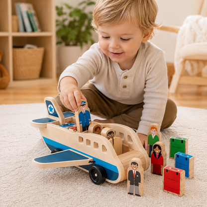 Wooden Push Pull Airplane with Removable Figures and Rolling Wheels