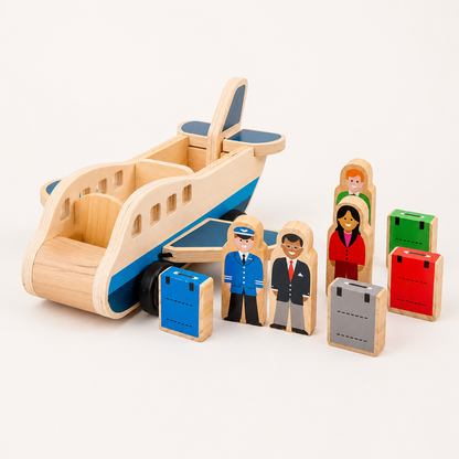 Wooden Push Pull Airplane with Removable Figures and Rolling Wheels