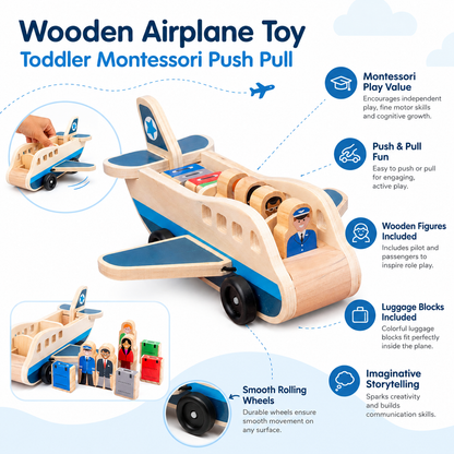 Wooden Push Pull Airplane with Removable Figures and Rolling Wheels