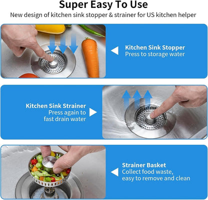 Pop Up Drain Strainer with Steel Mesh Basket and Button Control for 3.5 Inch Kitchen Sinks