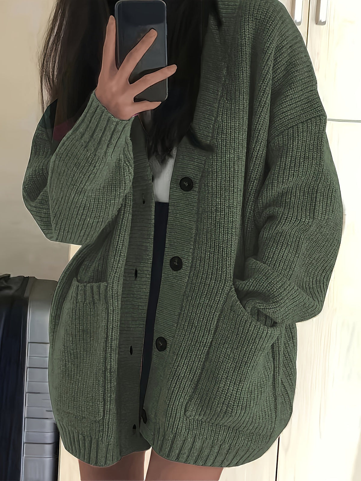 Chunky Ribbed Cardigan with Button Front Closure and Hip Pockets