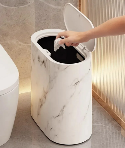 Elliptical Push Top Trash Can with Marble Texture Finish for Bathrooms
