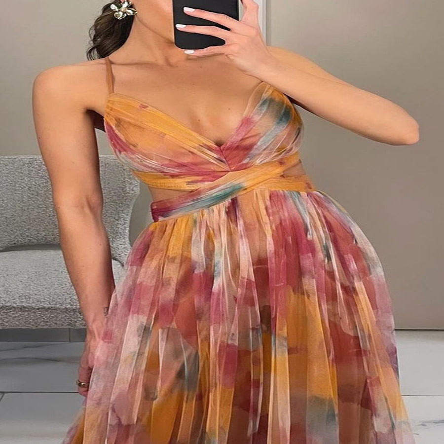 Women's Maxi Dress – Multicolor, Thin Straps, V-Neck, Fluid Silhouette