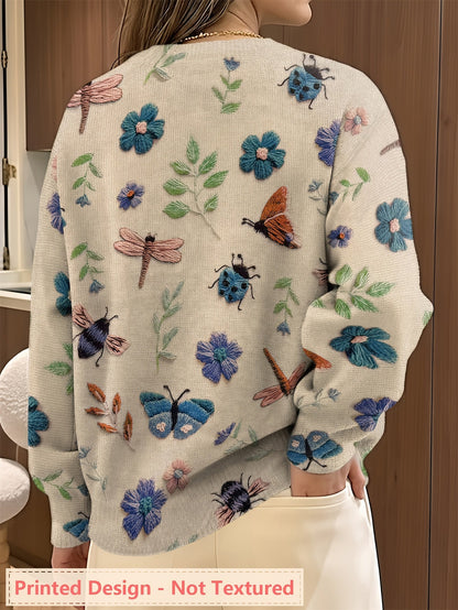 Womens Botanical Crewneck Sweater with Floral and Butterfly Print