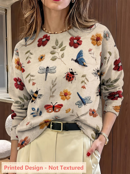 Womens Botanical Crewneck Sweater with Floral and Butterfly Print