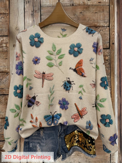 Womens Botanical Crewneck Sweater with Floral and Butterfly Print