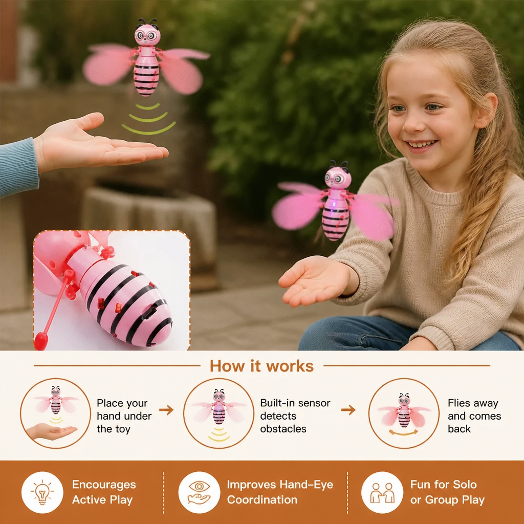 Flying Bee Toy with Motion Sensor and Obstacle Avoidance, LED Lights