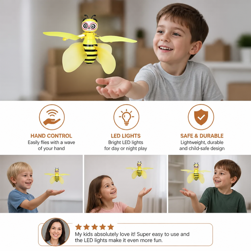 Flying Bee Toy with Motion Sensor and Obstacle Avoidance, LED Lights